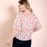 Women Plus Size Tops Bell Sleeve Loose Round Neck Red Floral Print Top