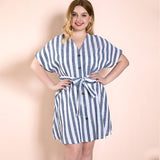 Women Plus Size Midi Dresses Spring and Summer Sexy V-neck Striped Blue Belt Dress