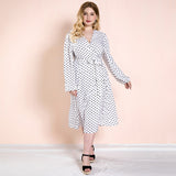 Women Plus Size Maxi Dresses Early Autumn White V-Collar Polka Dot Strap Retro Casual Dress