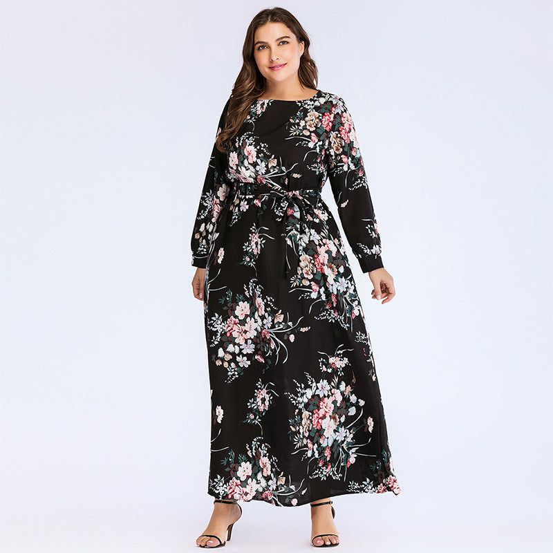 Women plus Size Dresses Fashion round Neck Print Long Sleeves Dress