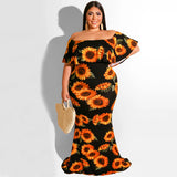 Women Plus Size Maxi Dresses Floral-Print Off-Shoulder Tight Bodycon Sexy Dress