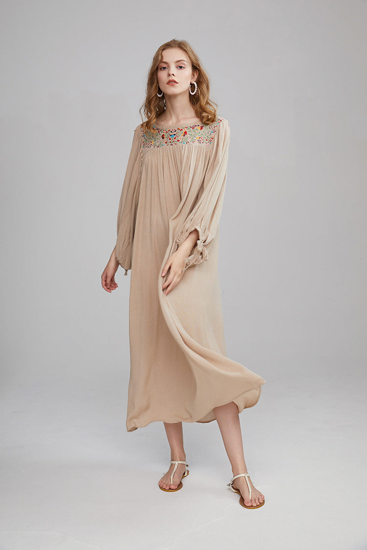 Bohemian Flower Embroidered Puff Sleeve Loose Vacation Style Long Dress Dress