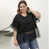 Women Plus Size Tops Black Lace Top Ruffle Sleeve Crew Neck Loose Slim Lace Shirt