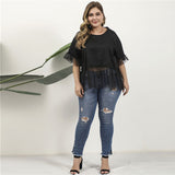 Women Plus Size Tops Black Lace Top Ruffle Sleeve Crew Neck Loose Slim Lace Shirt