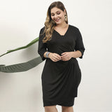 Women Plus Size MIDI Dressesv Collar Black Slim Fit Asymmetric Dress