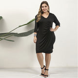 Women Plus Size MIDI Dressesv Collar Black Slim Fit Asymmetric Dress