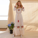 Women Dresses off-Shoulder Embroidered Flower Lace Cuff Fashion Dress