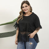 Women Plus Size Tops Black Lace Top Ruffle Sleeve Crew Neck Loose Slim Lace Shirt