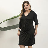 Women Plus Size MIDI Dressesv Collar Black Slim Fit Asymmetric Dress