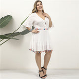 Women Plus Size Midi Dresses Ruffle Sleeve V-neck Tassel Dress