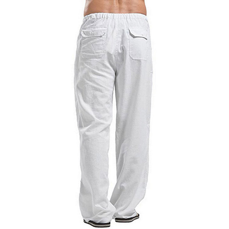 Linen Pants Straight Leg Pants Drawstring Lightweight Elastic Beach Pants Men's Casual Trousers with Pockets