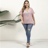 Women Plus Size Tops Spring and Summer Leisure T-shirt V-neck Ruffle Sleeve Pink Blouse