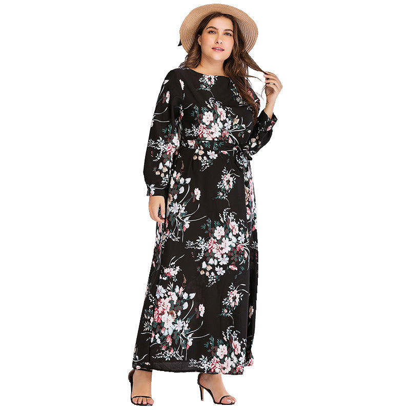 Women plus Size Dresses Fashion round Neck Print Long Sleeves Dress