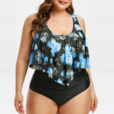 Women Plus Size Swimwear Tankinis High Waist Lotus Leaf Printed Striped Split Bikini