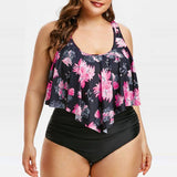 Women Plus Size Swimwear Tankinis High Waist Lotus Leaf Printed Striped Split Bikini