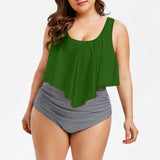 Women Plus Size Swimwear Tankinis High Waist Lotus Leaf Printed Striped Split Bikini