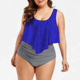 Women Plus Size Swimwear Tankinis High Waist Lotus Leaf Printed Striped Split Bikini