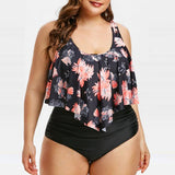 Women Plus Size Swimwear Tankinis High Waist Lotus Leaf Printed Striped Split Bikini