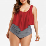 Women Plus Size Swimwear Tankinis High Waist Lotus Leaf Printed Striped Split Bikini