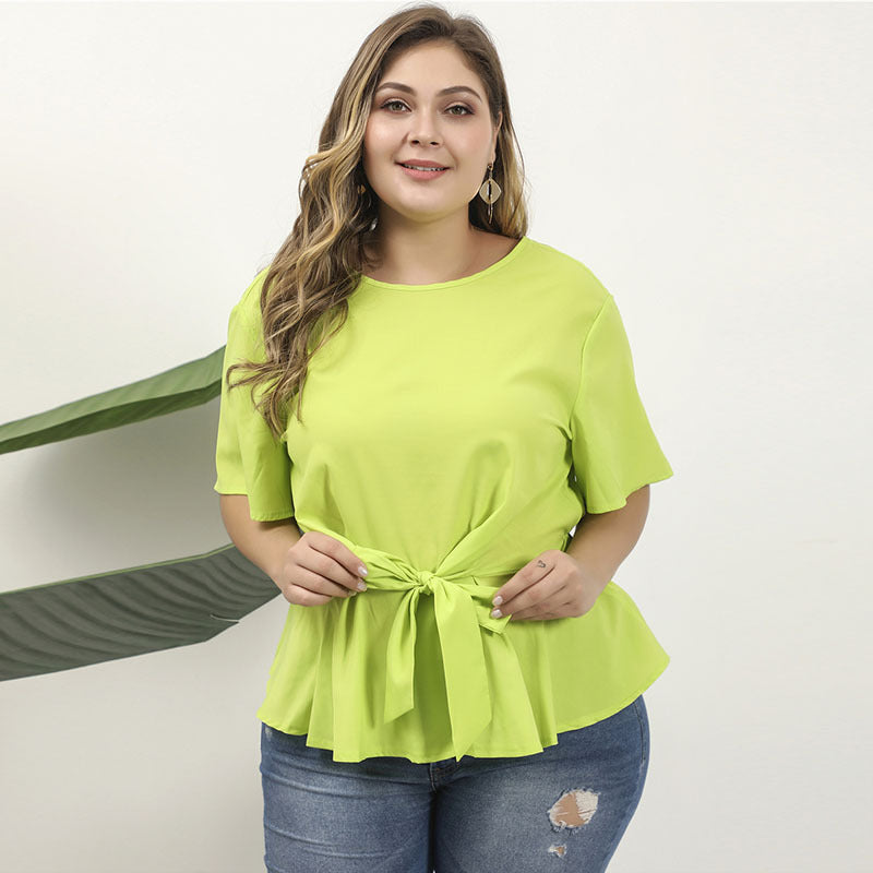 Women Plus Size Tops Early Autumn Crew Neck Loose Green Fashion T-shirt