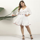 Women Plus Size Midi Dresses Ruffle Sleeve V-neck Tassel Dress