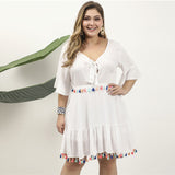 Women Plus Size Midi Dresses Ruffle Sleeve V-neck Tassel Dress