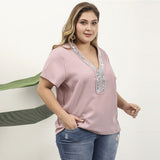 Women Plus Size Tops Spring and Summer Leisure T-shirt V-neck Ruffle Sleeve Pink Blouse