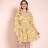 Women Plus Size Midi Dresses Floral Print Spring and Autumn Yellow Dress Long Sleeve