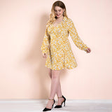 Women Plus Size Midi Dresses Floral Print Spring and Autumn Yellow Dress Long Sleeve