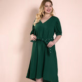 Women Plus Size Maxi Dresses Green V-neck Casual Half Sleeve Dress