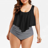 Women Plus Size Swimwear Tankinis High Waist Lotus Leaf Printed Striped Split Bikini