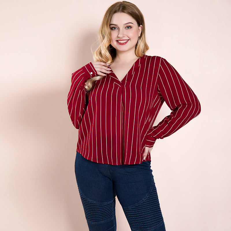 Women Plus Size Tops Striped V-neck Top Women's Shirt Long Sleeve