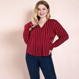 Women Plus Size Tops Striped V-neck Top Women's Shirt Long Sleeve