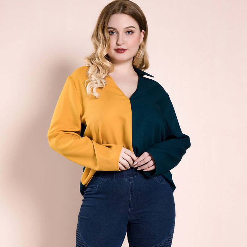 Women Plus Size Tops Autumn Stitching Long Sleeve Top
