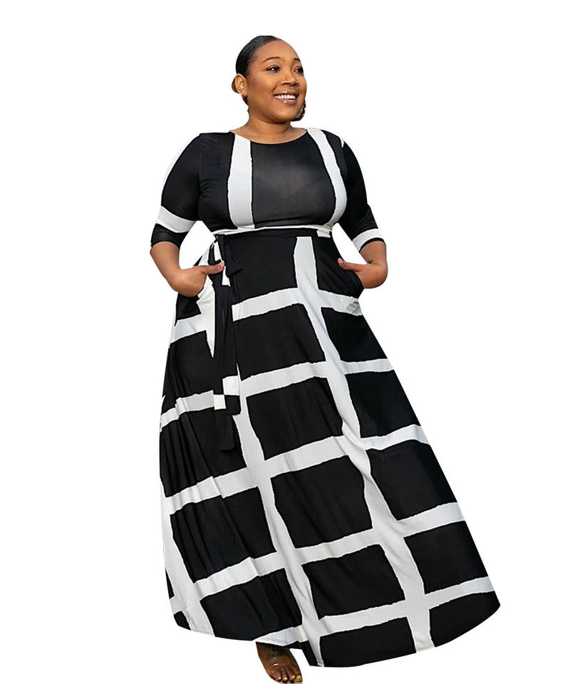 Women Plus Size Maxi Dresses Fashion Striped Positioning Printing Half-Length Sleeve Dress