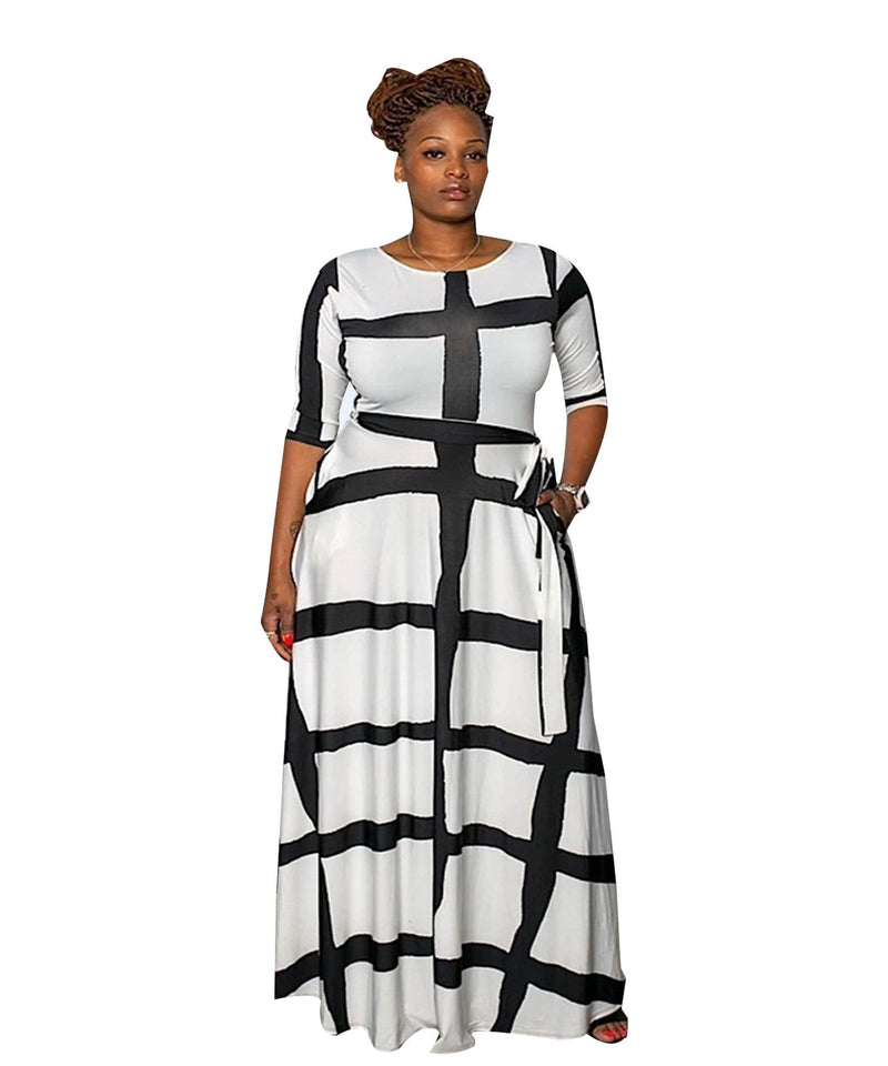 Women Plus Size Maxi Dresses Fashion Striped Positioning Printing Half-Length Sleeve Dress