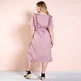 Women Plus Size Maxi Dresses Solid Color Autumn Pink Ruffled Straps Casual Dress