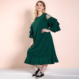 Women Plus Size Maxi Dresses Spring/Summer Solid Color Fashion Green Long-Sleeved Dress