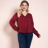 Women Plus Size Tops Striped V-neck Top Women's Shirt Long Sleeve