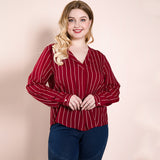 Women Plus Size Tops Striped V-neck Top Women's Shirt Long Sleeve