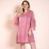 Women Plus Size Midi Dresses Vintage Gold Velvet Lace Ruffle Sleeve Casual Dress