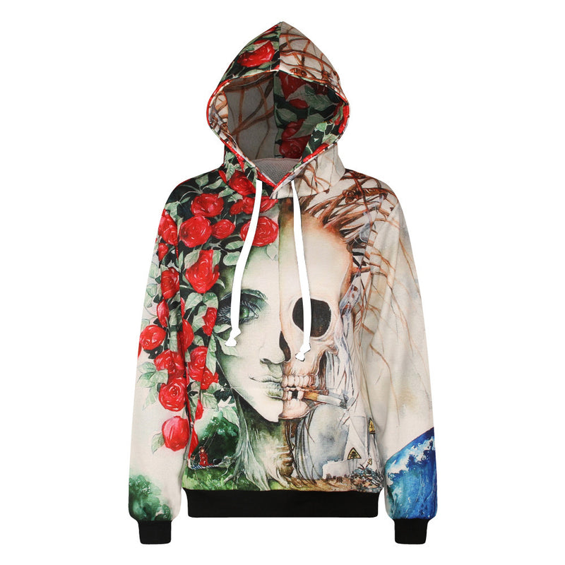 Black Rose Hoodie 3D Rose Skull Face Digital Sweater