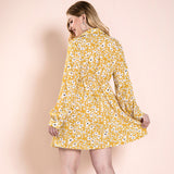 Women Plus Size Midi Dresses Floral Print Spring and Autumn Yellow Dress Long Sleeve