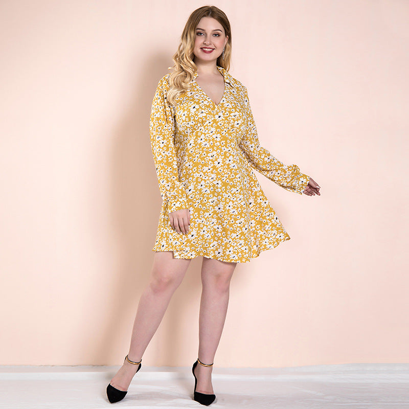 Women Plus Size Midi Dresses Floral Print Spring and Autumn Yellow Dress Long Sleeve