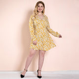 Women Plus Size Midi Dresses Floral Print Spring and Autumn Yellow Dress Long Sleeve