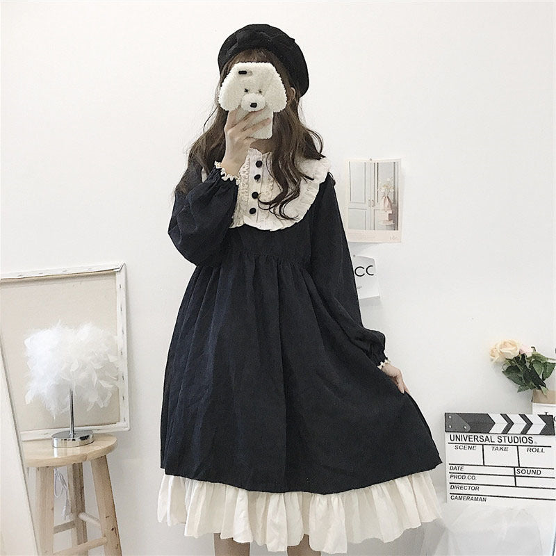 Gothic Lolita Harajuku Style Clothing Autumn and Winter Lolita Black and White Stitching Op Dress