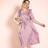 Women Plus Size Maxi Dresses Solid Color Autumn Pink Ruffled Straps Casual Dress