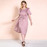 Women Plus Size Maxi Dresses Solid Color Autumn Pink Ruffled Straps Casual Dress