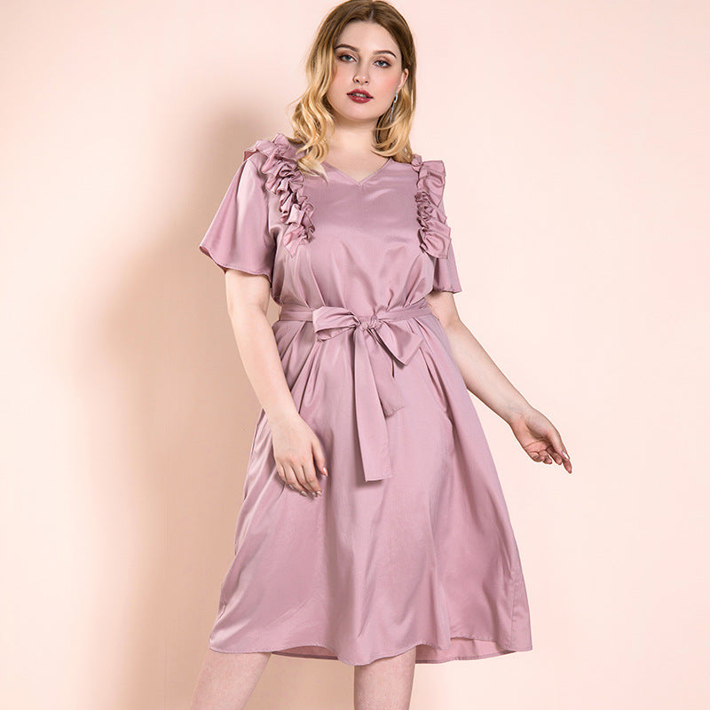 Women Plus Size Maxi Dresses Solid Color Autumn Pink Ruffled Straps Casual Dress