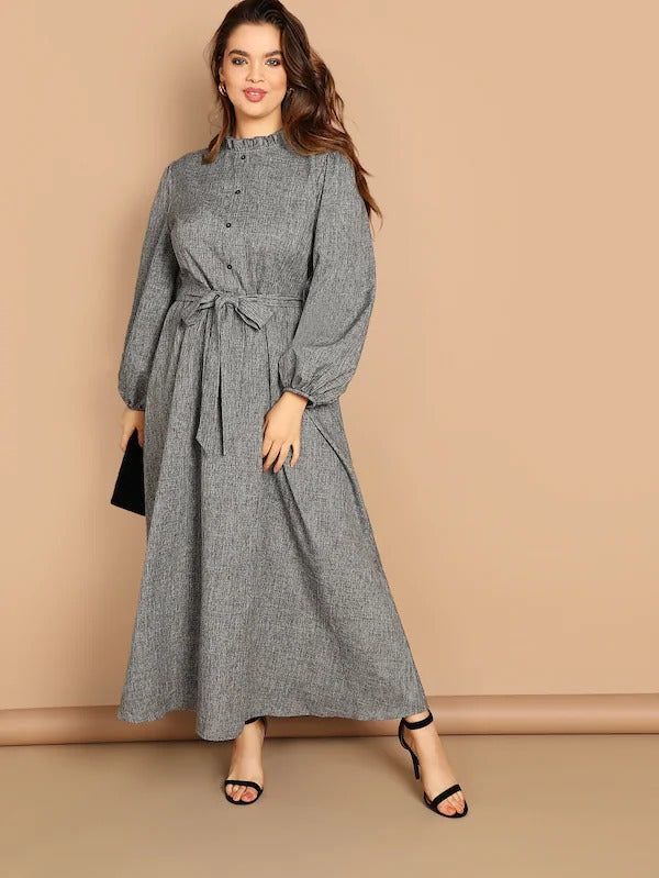 Women Plus Size Denim Dresses Mid-Length High Waist Solid Color Long Sleeve Dress for Women